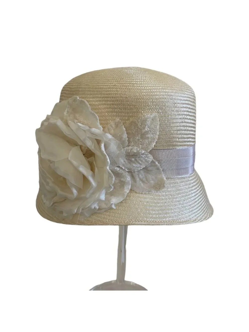 Louise Green Ivory Straw Hat With Satin Ribbon & Floral Accent